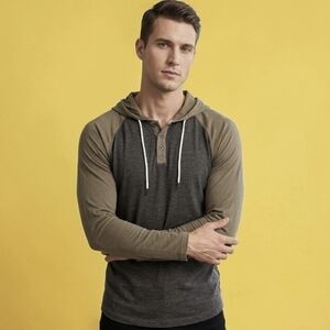 NWT Hethcode Men's Two-Tone Hooded Raglan Long Sleeve Shirt - Olive/Charcoal!L